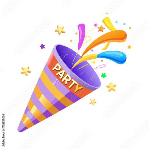 Colorful party popper vector with golden cone, flying confetti and streamers for celebration and festive design