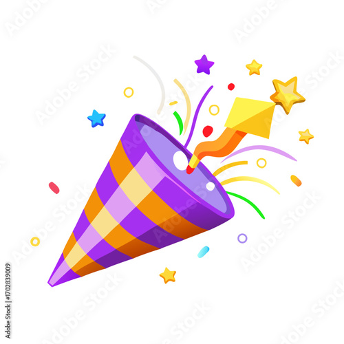 Colorful party popper vector with golden cone, flying confetti and streamers for celebration and festive design