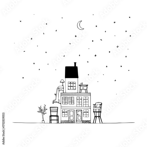 Quirky house illustration with moon and stars black and white drawing whimsical architecture design art print 100