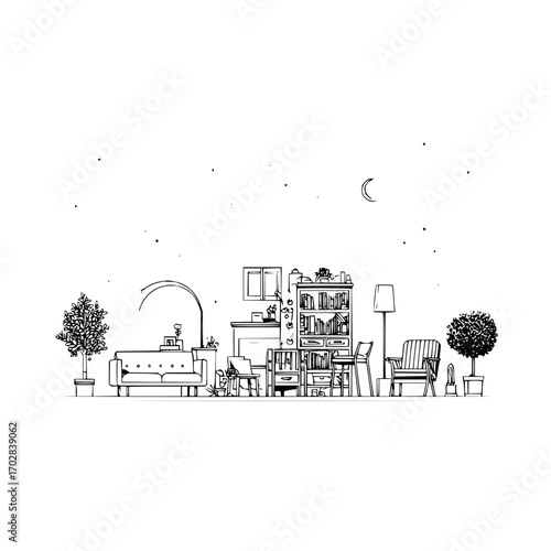Minimalist interior design living room furniture sketch vector illustration home decor and night scene drawing