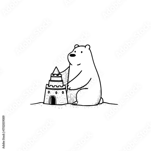 Cute polar bear building a sandcastle on the beach summer vacation travel destination drawing illustration