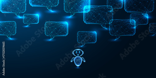 AI chatbot with digital speech bubbles and neural communication concept in low poly vector illustration