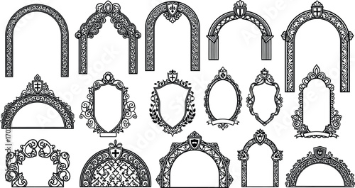 Ornate Black and White Arches Collection: Set of Decorative Frames and Borders