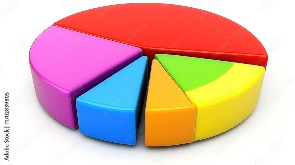 Vibrant 3D Pie Chart with Six Colorful Segments on White Background Vibrant 3D Pie Chart with Six Colorful Segments on White Background