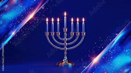 Hanukkah menorah lit with candles celebrating Jewish festival traditions for holiday cards decorations and winter night backgrounds with blue glowing stars and festive spirit