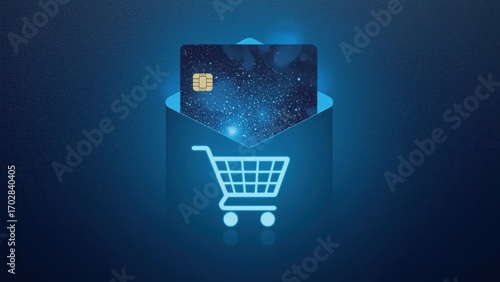 Credit card payment concept showing digital transaction with shopping cart symbol, e-commerce business, online shopping, secure checkout, finance technology background, blue glowing design, retail in