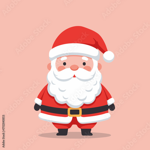 A charming, stylized illustration of a plump Santa Claus character with a red suit, white beard, and hat, standing against a soft pink background.