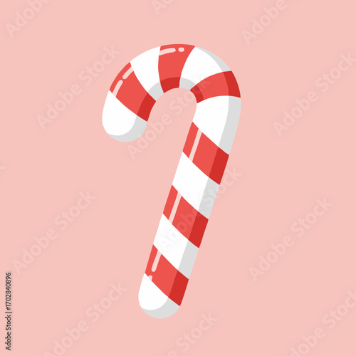 A stylized illustration of a candy cane against a pastel pink background.