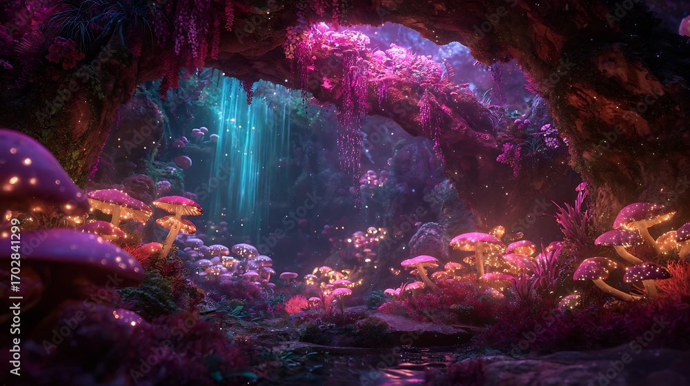 Fototapeta premium Magical fantasy landscape of an enchanted cave with glowing mushrooms and a waterfall of light.