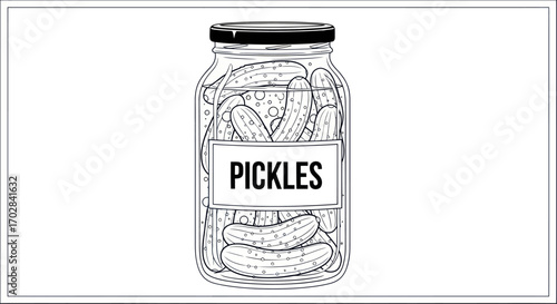 A charming black and white drawing showcasing a jar brimming with delicious pickles ready to eat