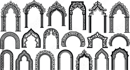 Set of Vintage Ornate Arch and Gate Frames Elegant Black and White Architectural Elements