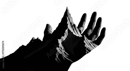 A surreal mountainscape within a hand: stark contrast and creative fusion evoking power