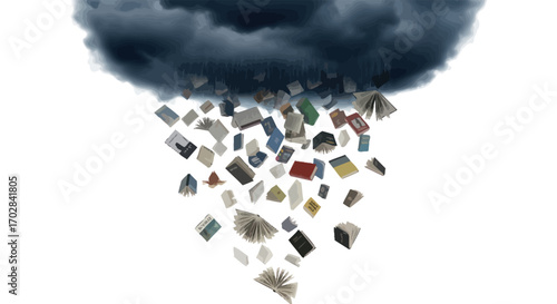 An imaginative representation of book avalanche from a brooding dark cloud aloft