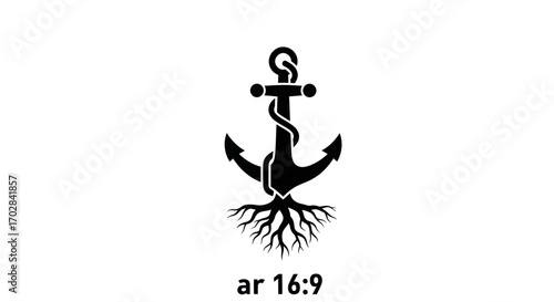Black anchor with root system isolated on white background graphic illustration