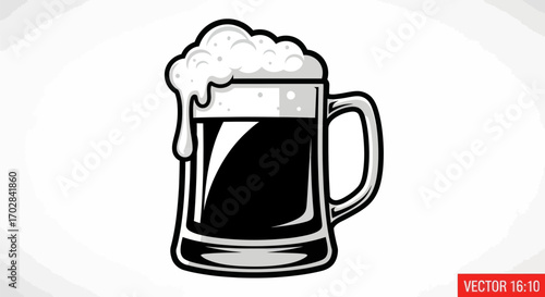Bold monochrome vector of overflowing beer mug offering a vintage pub atmosphere