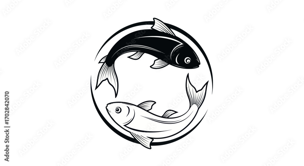 Obraz premium Dual Fish Harmony: A Symbolic Yin-Yang Illustration in Contrasting Tones emblem design