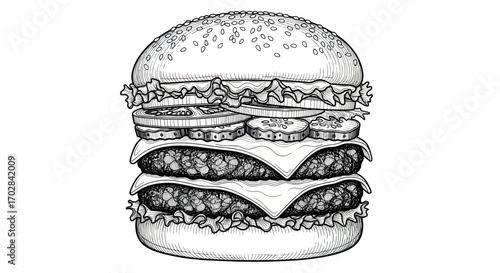 Detailed line art illustration of a towering double cheeseburger showcasing meticulous artistry