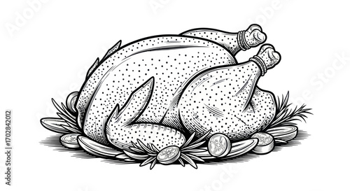 Detailed line art of roasted turkey with herbs and lemon slices a culinary delight
