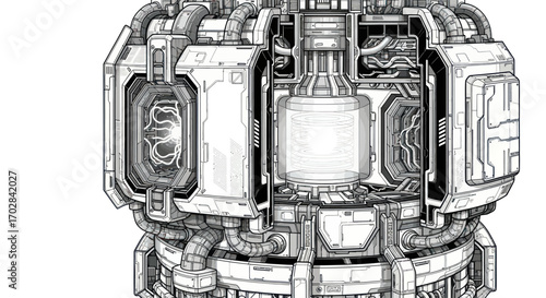 Detailed monochrome depiction of a futuristic sci-fi power core architecture blueprint