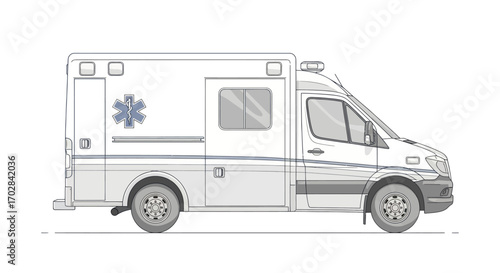 Detailed line drawing of an emergency ambulance vehicle for medical assistance purposes