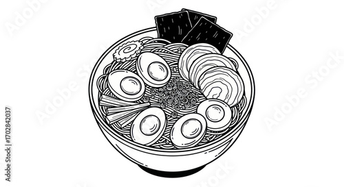 Detailed monochrome illustration of a steaming bowl of traditional Japanese ramen