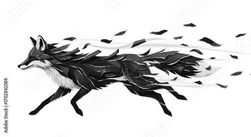 Dynamic monochrome fox artwork conveying speed and fragmentation with abstract elements
