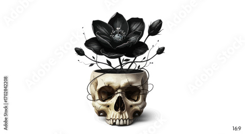 Elegiac botanical display a skull vase cradling a stark black bloom and nascent buds artistic