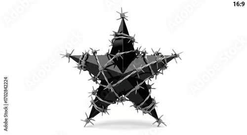Entangled ambition a stark black star bound by the harsh reality of barbed wire on clean background