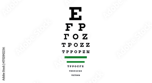 Eye chart depiction for vision assessment with decreasing letter size rows on white backdrop