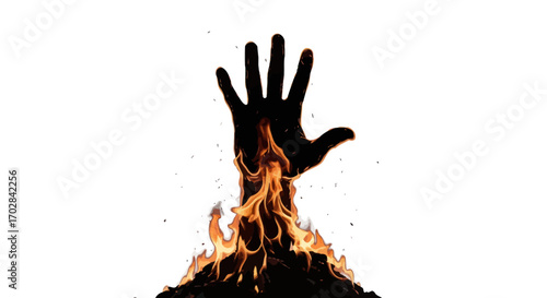 Fiery ascension of hand rising from glowing embers of orange with bright fire and shadows
