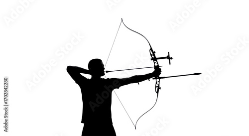 Focused archer in silhouette demonstrating precision with bow and arrow technique
