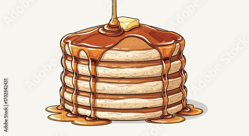 Illustrative pancakes dripping with syrup and topped with melting butter inviting indulgent