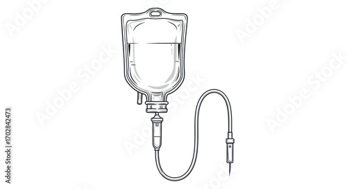 Intravenous therapy equipment drawing in monochrome minimalist style showcasing healthcare and