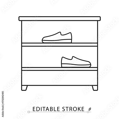 A shoe rack icon in minimalist style with editable stroke. Shoe cabinet, footwear storage, home furniture, hallway decor, modern interior, wooden rack, entryway organizer, storage unit.