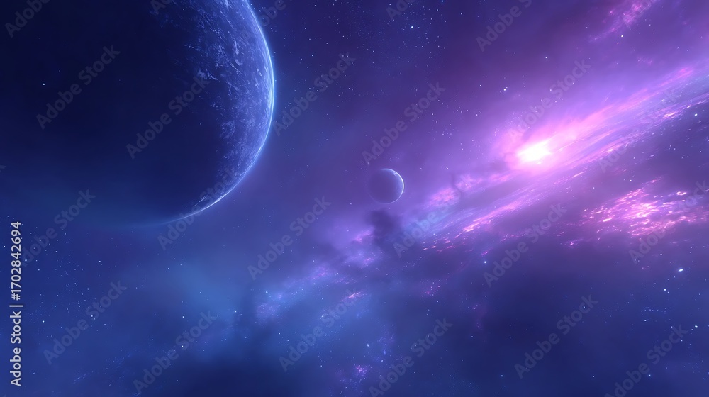 Obraz premium Epic Cosmic Landscape with Planet and Purple Nebula