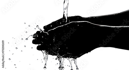 Minimalist monochrome depiction of hands under running water emphasizing cleanliness and purity