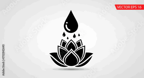 Minimalistic vector illustration showcasing a lotus flower nourished by falling water droplets in