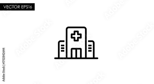 Modern line art illustration of a hospital building emphasizing healthcare and wellness access