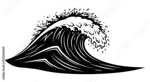 Monochromatic graphical representation of a powerful sea wave cresting and splashing dynamically