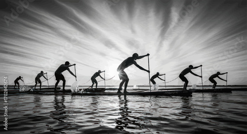 Monochromatic silhouettes of stand up paddleboarders against a dramatic sky background