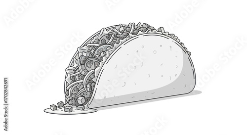 Monochromatic taco illustration emphasizing the overflowing ingredients in a hard shell