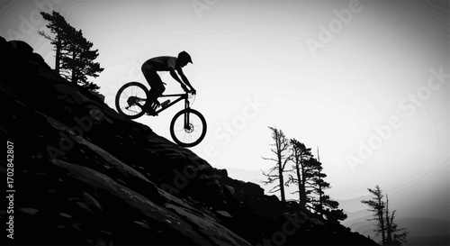 Monochrome mountain biking adventure: Cyclist explores rugged terrain in grayscale image showing