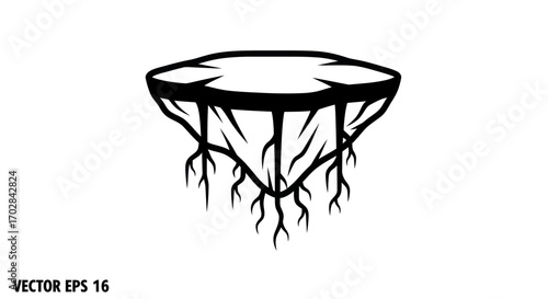 Monochrome schematic illustration of a fantasy floating island with root supports an isolated