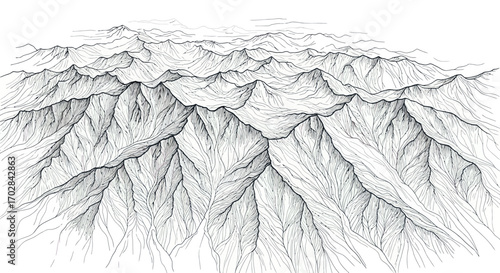 Monochrome topographical mountain range illustration with detailed line work and depth, evokes a