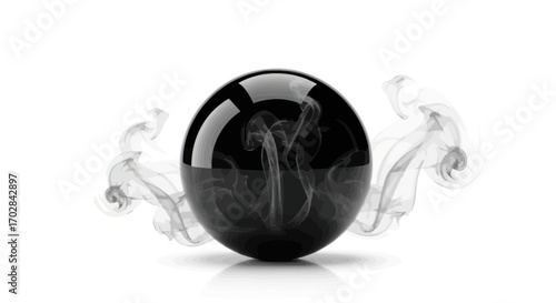 Mysterious dark sphere with ethereal smoke effect isolated against white background