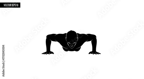 Silhouette illustration of a man performing push-ups for fitness regime in black and white style
