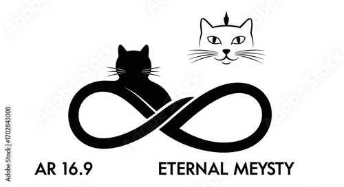 Silhouette feline nestled in infinity symbol, complemented by ethereal cat face