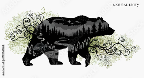 Silhouette of a bear filled with forest landscape with cabin in the wilderness