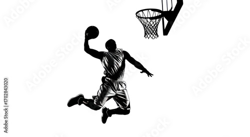 Silhouette of a basketball player performing a slam dunk against a white background