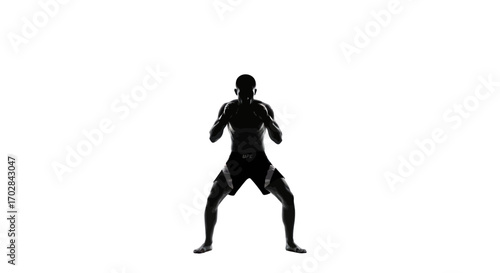 Silhouette of a muscular athlete in a boxing stance against a stark white background